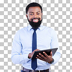 Portrait, tablet and black man isolated on a gray background for stock market, trading and business financial software. Professional worker, person or entrepreneur on digital technology app in studio