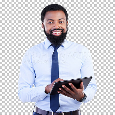 Buy stock photo Tablet, portrait and happy business man isolated on transparent, png background in trading or finance software. Financial accountant, model or professional african person typing on digital technology