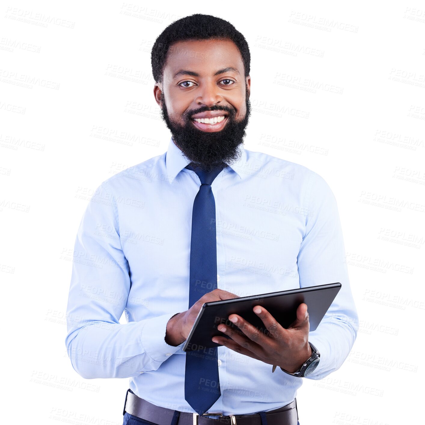 Buy stock photo Tablet, portrait and happy business man isolated on transparent, png background in trading or finance software. Financial accountant, model or professional african person typing on digital technology