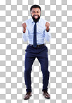 Portrait, excited and black man cheering, success and happiness against a grey studio background. Face, African American male employee and happy ceo with joy, achievement and gesture for celebration