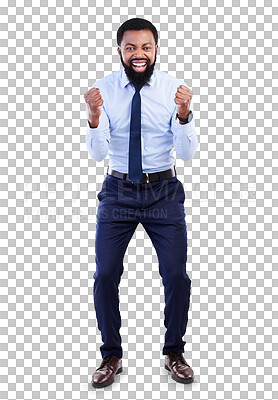 Buy stock photo Winner, success and business man in celebration, yes and cheers in winning, sales or achievement. Wow, fist and corporate portrait of african man in opportunity isolated on transparent png background