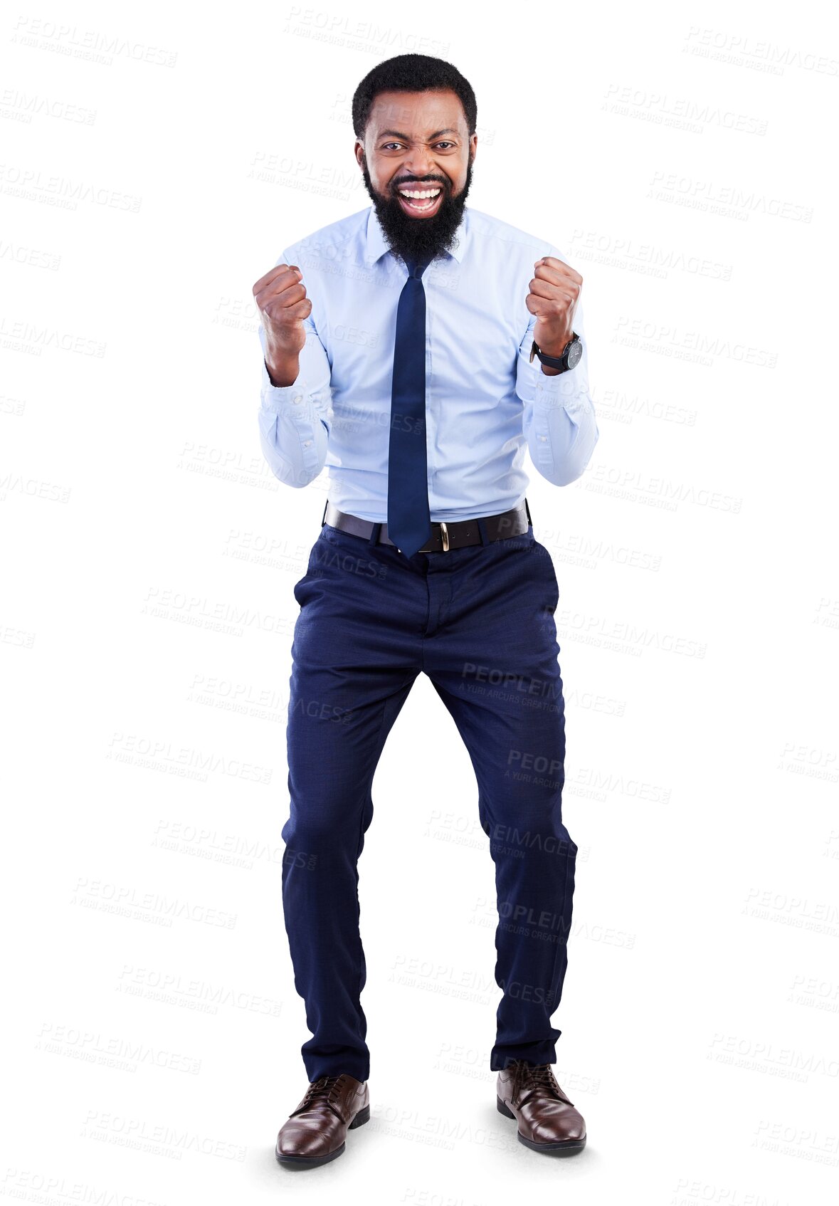 Buy stock photo Winner, success and business man in celebration, yes and cheers in winning, sales or achievement. Wow, fist and corporate portrait of african man in opportunity isolated on transparent png background