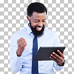 Winning, tablet and black man isolated on gray background stock market, trading or business bonus, news and success fist pump. Happy person or winner sales, profit or goals on digital tech in studio