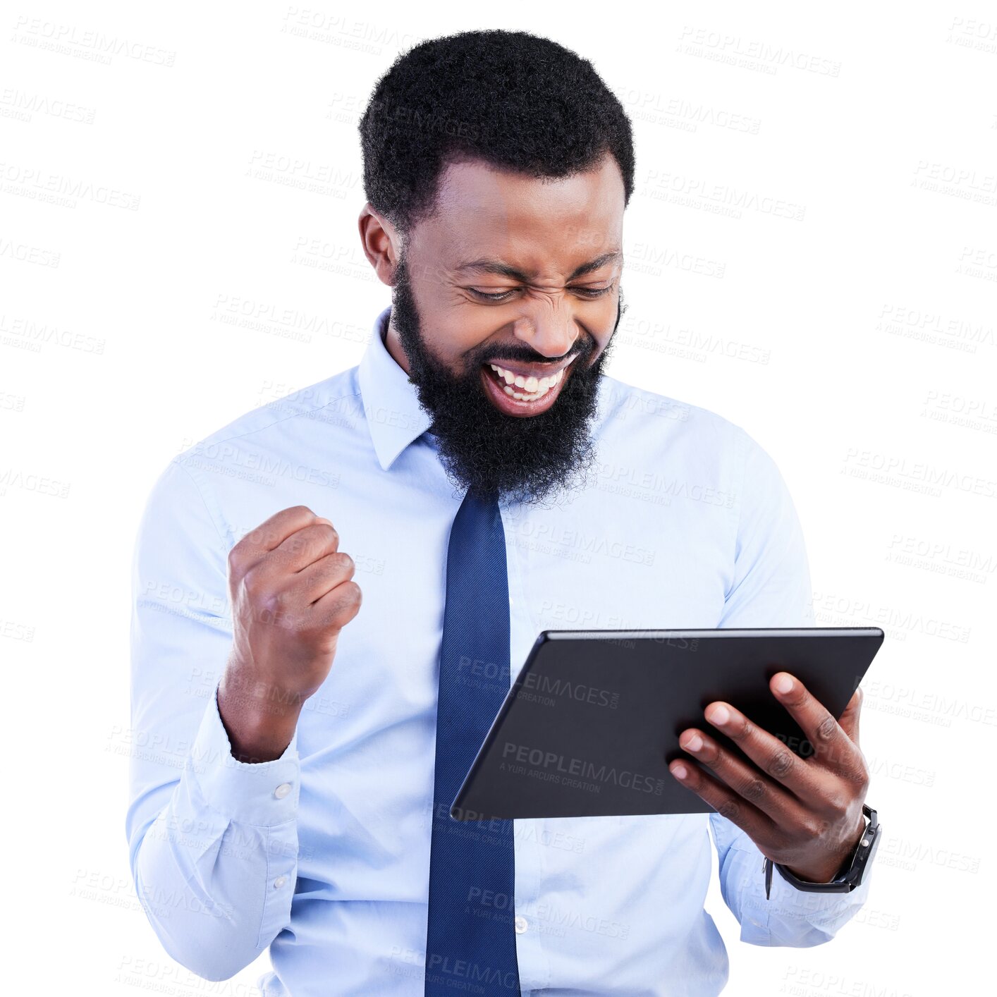 Buy stock photo Winner, tablet and business man yes for stock market, trading or financial bonus and online success. News, fist and african person winning on digital technology isolated on transparent png background