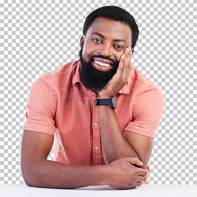 Buy stock photo Happy, casual and portrait of a black man, confident and stylish guy isolated against a transparent background. Face, male person or model with happiness, relax or calm with png or leaning on a table