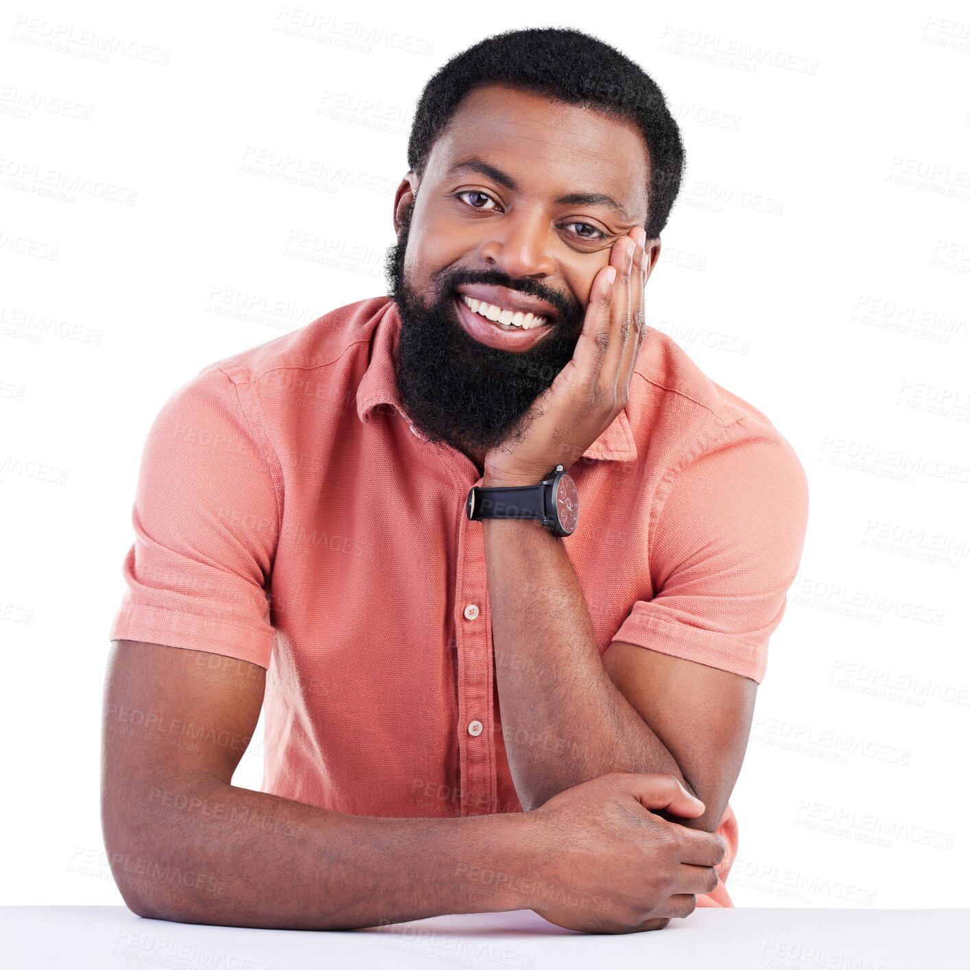 Buy stock photo Happy, casual and portrait of a black man, confident and stylish guy isolated against a transparent background. Face, male person or model with happiness, relax or calm with png or leaning on a table