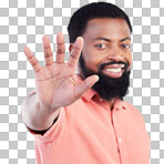 Black man, hand sign and stop in studio portrait with smile, icon and communication by background. Young african model, signal or symbol for opinion, protest palm and warning with confident choice