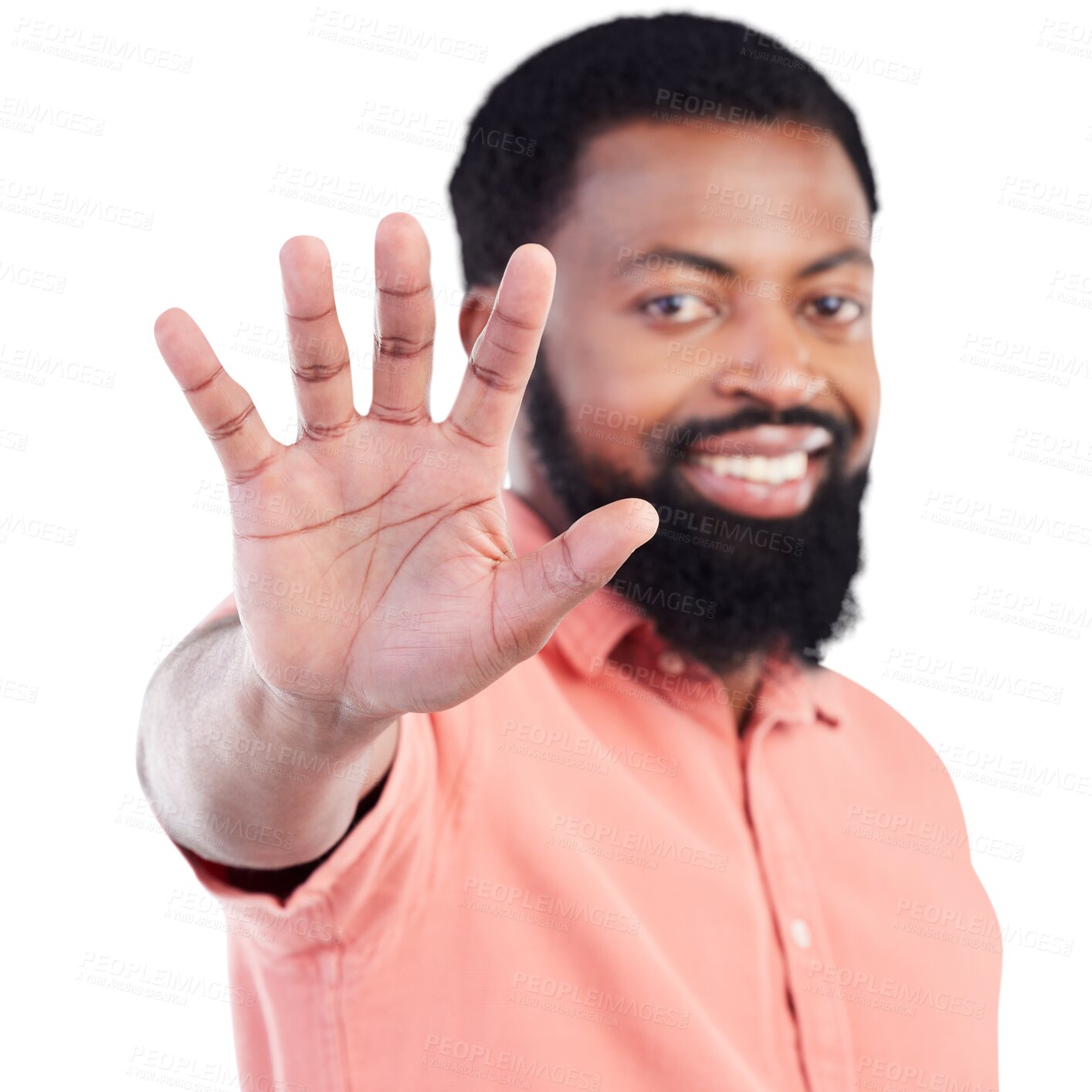 Buy stock photo Portrait, smile and black man with stop, hand or sign on isolated, transparent and png background. Palm, emoji and face of happy African male with wait gesture, body language or on hold symbol