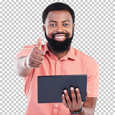Thumbs up portrait, tablet or happy black man with emoji gesture for congratulations, job well done or winner. Agreement, finance results or studio person with yes sign for success on grey background