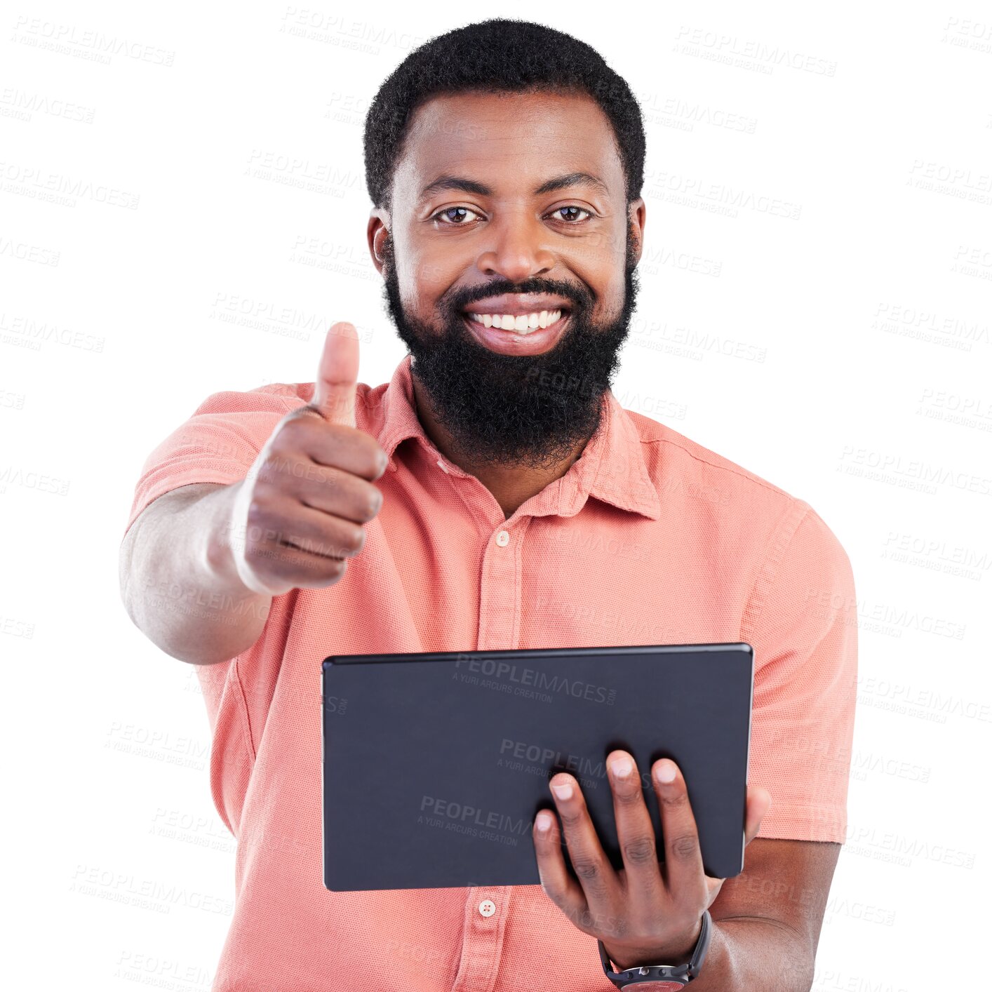 Buy stock photo Tablet, thumbs up and business man in portrait isolated on transparent, png background of online success. Like, ok and support hand or emoji with happy african person or worker on digital technology