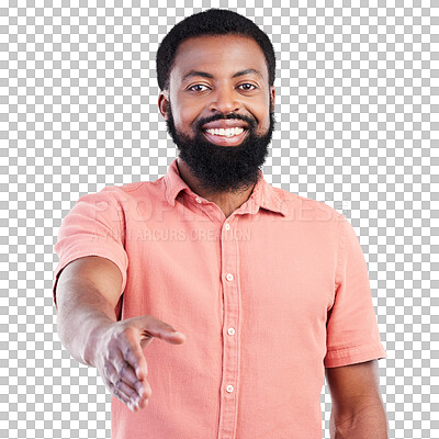 Buy stock photo Handshake, offer and portrait of business man for introduction and career deal, success or POV partnership. African person or worker shaking hands for meeting isolated on transparent, png background