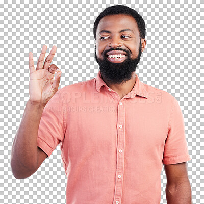 Buy stock photo OKAY, hand and happy black man with thank you sign on isolated, transparent and png background. Perfect, emoji and African male winner smile for good news, success or vote, choice or decision support