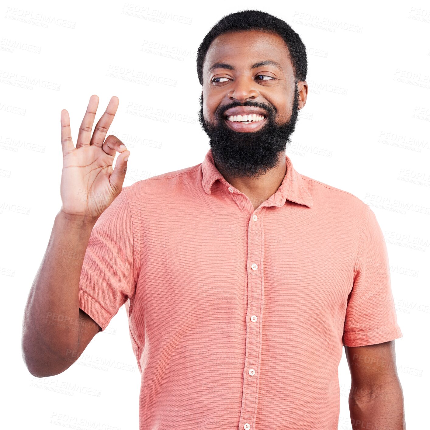 Buy stock photo OKAY, hand and happy black man with thank you sign on isolated, transparent and png background. Perfect, emoji and African male winner smile for good news, success or vote, choice or decision support