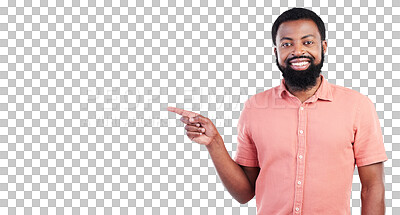 Buy stock photo Isolated African man, point and portrait with smile, promotion and review by transparent png background. Happy young guy, finger and show for choice, decision or suggestion with sign for feedback