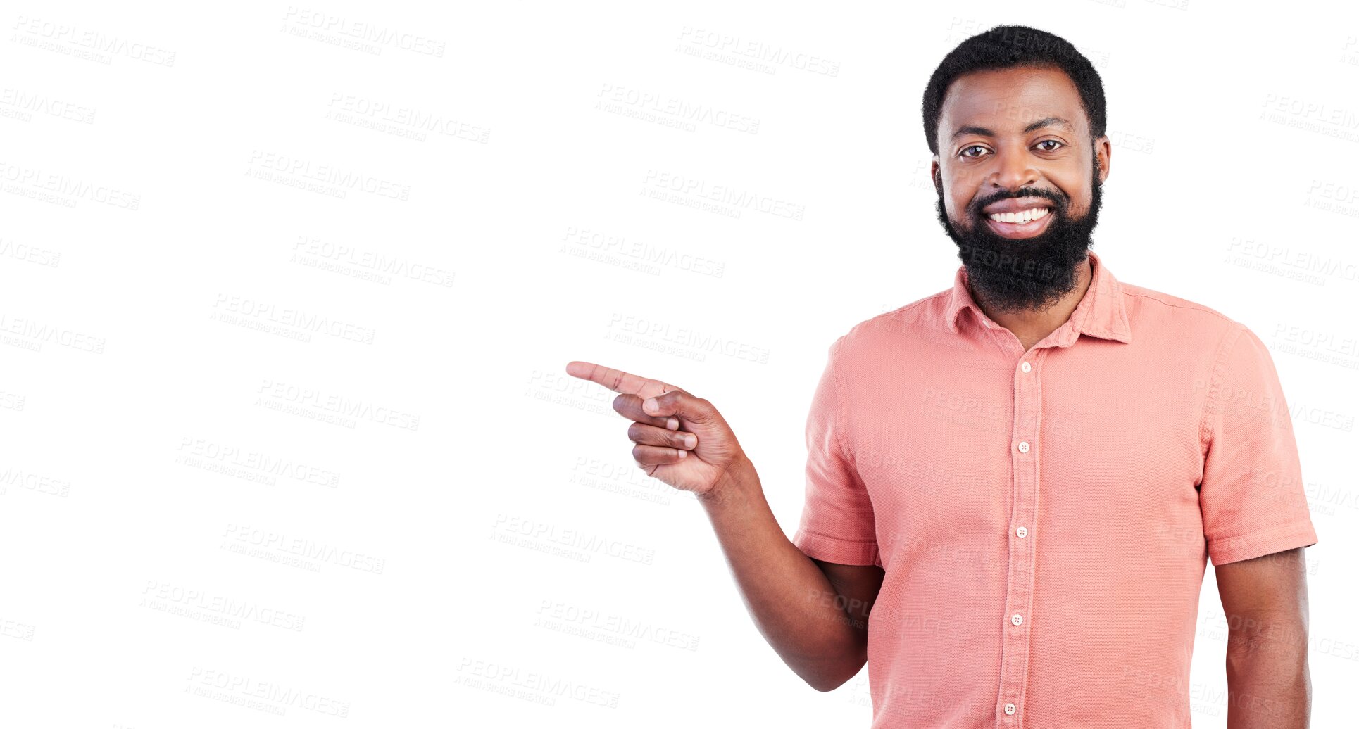 Buy stock photo Isolated African man, point and portrait with smile, promotion and review by transparent png background. Happy young guy, finger and show for choice, decision or suggestion with sign for feedback