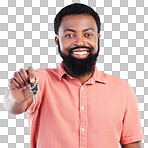 Real estate, happy and portrait of a black man with keys isolated on a white background in a studio. Smile, pride and African guy showing a key to a new home, house or apartment as a property owner