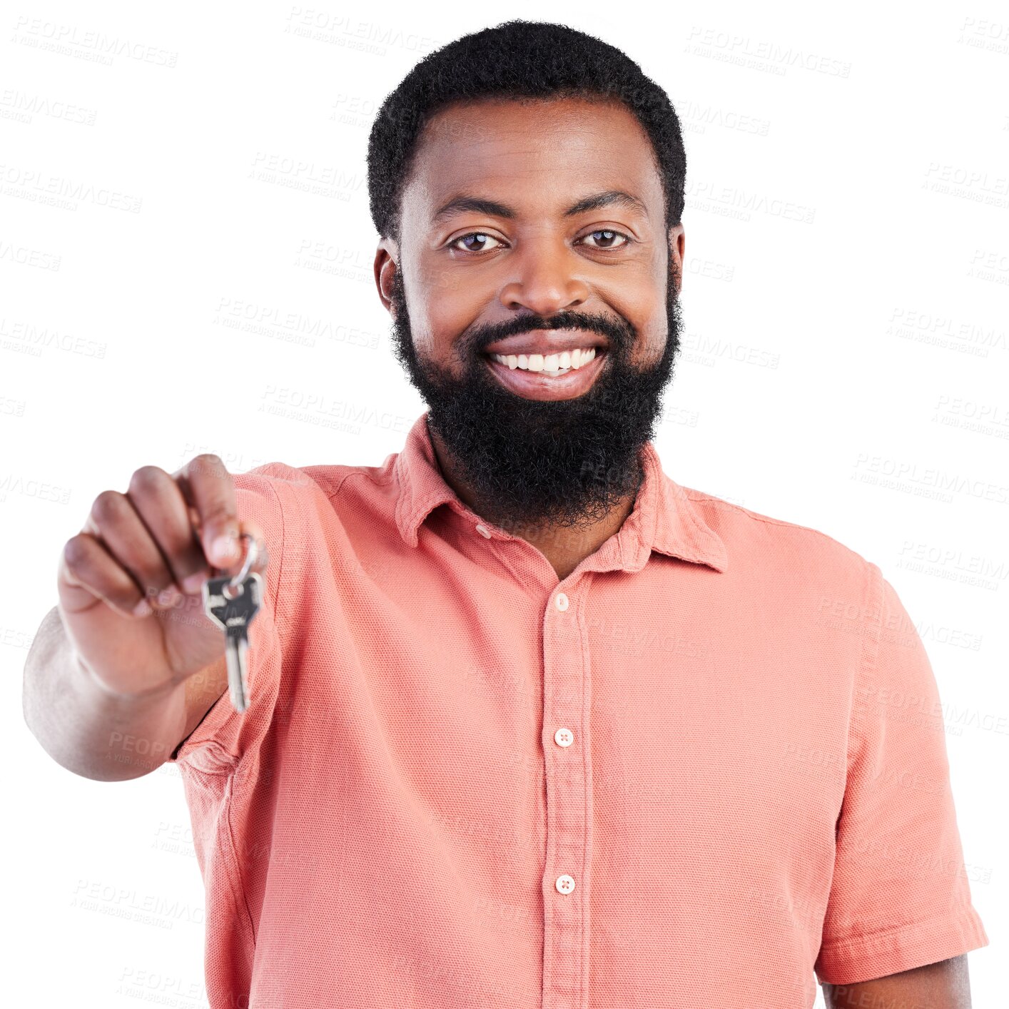 Buy stock photo Happy black man, portrait and keys for real estate, property or investment isolated on a transparent PNG background. African male person or realtor smile with key to new home, house or own apartment