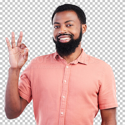 Buy stock photo Success, okay sign and business man in portrait isolated on transparent png background for thank you, support or like. Face of happy winner or african person winning, yes and excellence emoji or hand