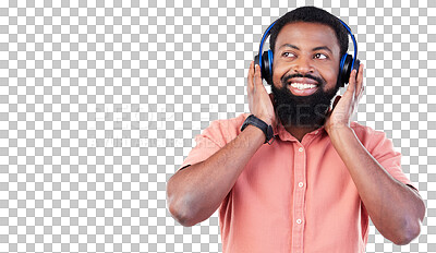 Buy stock photo Happy man, headphones and thinking, listening to podcast or streaming service, inspiration and creative career vision. Relax ideas, music and african person isolated on transparent, png background