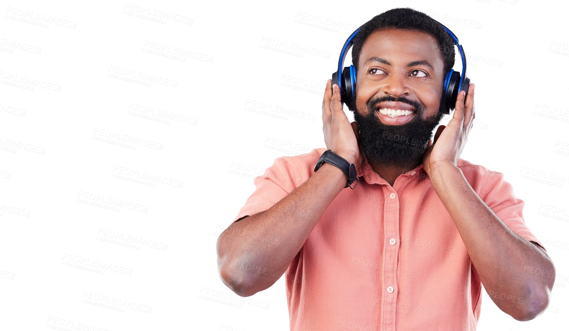 Buy stock photo Happy man, headphones and thinking, listening to podcast or streaming service, inspiration and creative career vision. Relax ideas, music and african person isolated on transparent, png background