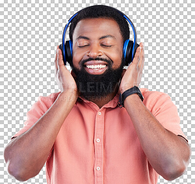 Black man, studio and headphones for streaming music to relax, listen and free mindset by background. Happy african model, audio and sound for peace, mindfulness and online podcast with smile on face
