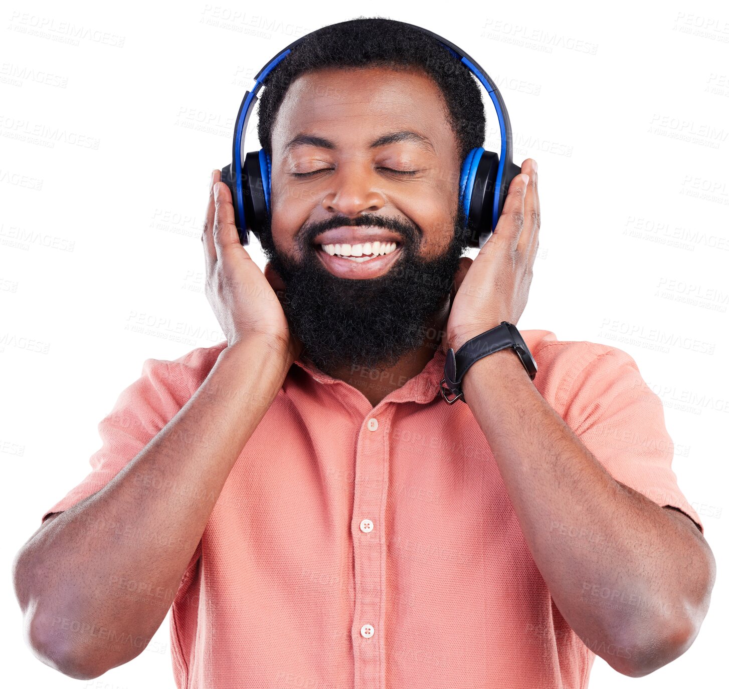 Buy stock photo Music, headphones and black man with smile for streaming satisfaction on isolated, transparent and png background. Radio, earphones and happy African male person listening to podcast or online track