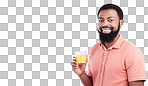 Orange juice, studio portrait and happy black man with drink glass for hydration, liquid detox or weight loss beverage. Vitamin C benefits, male nutritionist diet or person on mockup gray background