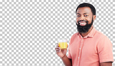 Buy stock photo Happy black man, portrait and orange juice for vitamin C or natural nutrition isolated on a transparent PNG background. African male person smile with healthy organic citrus fruit drink for detox