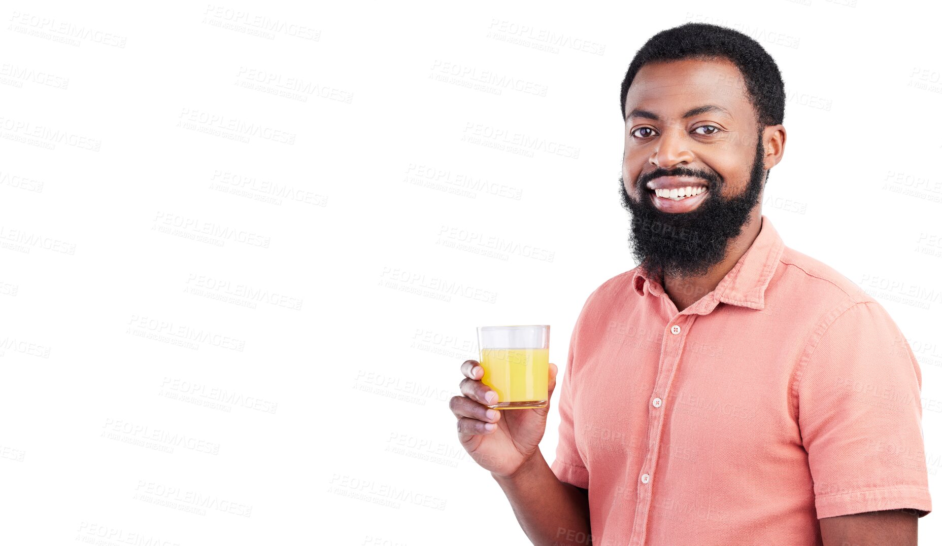 Buy stock photo Happy black man, portrait and orange juice for vitamin C or natural nutrition isolated on a transparent PNG background. African male person smile with healthy organic citrus fruit drink for detox