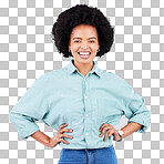 Happy, smile and portrait of black woman in studio for confidence, positive and empowerment. Happiness, funny and elegant with face of female isolated on gray background for young, excited and pride