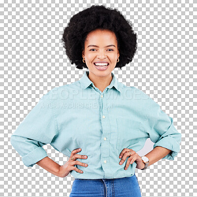 Buy stock photo Portrait, fashion and smile with an afro woman isolated on a transparent background for trendy style. Happy, clothes and confident with a young african female model posing on PNG for a magazine cover