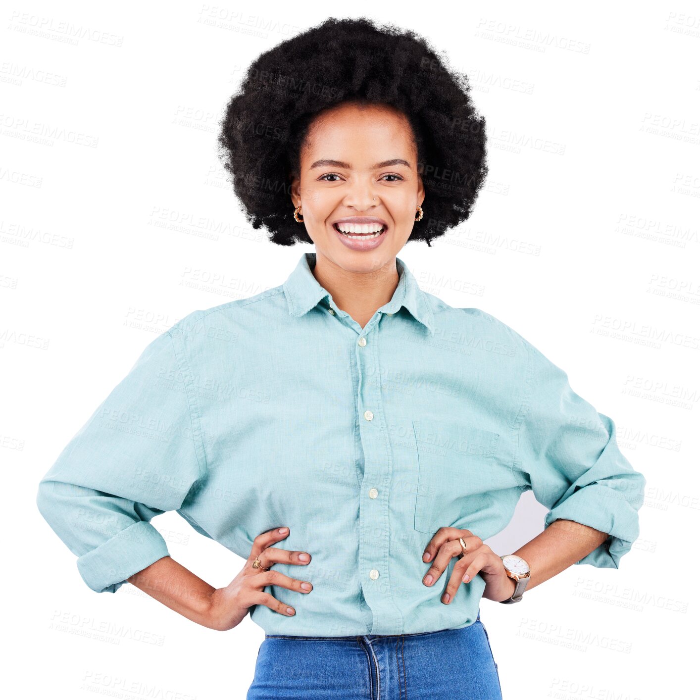 Buy stock photo Portrait, fashion and smile with an afro woman isolated on a transparent background for trendy style. Happy, clothes and confident with a young african female model posing on PNG for a magazine cover