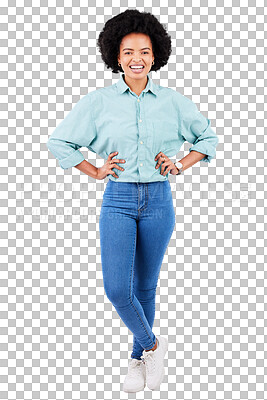 Buy stock photo Fashion, happy and portrait of a black woman with stylish clothes isolated on a transparent png background. Smile, excited and confident African female model with trendy and fashionable clothing