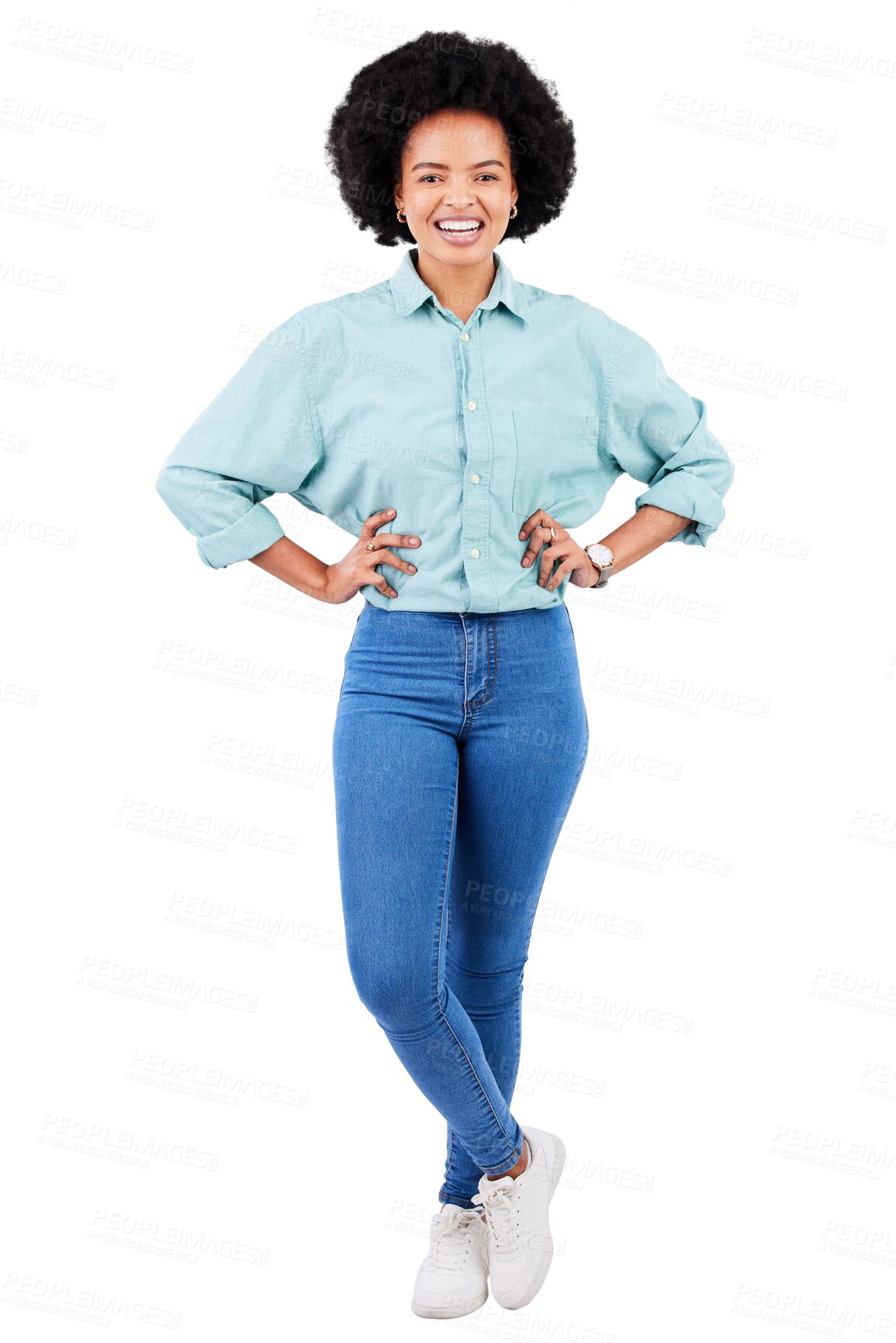 Buy stock photo Fashion, happy and portrait of a black woman with stylish clothes isolated on a transparent png background. Smile, excited and confident African female model with trendy and fashionable clothing