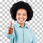 Thumbs up, face portrait and happy black woman with emoji gesture for congratulations, job well done or winner. Agreement, finished and studio person with yes hand sign for success on grey background