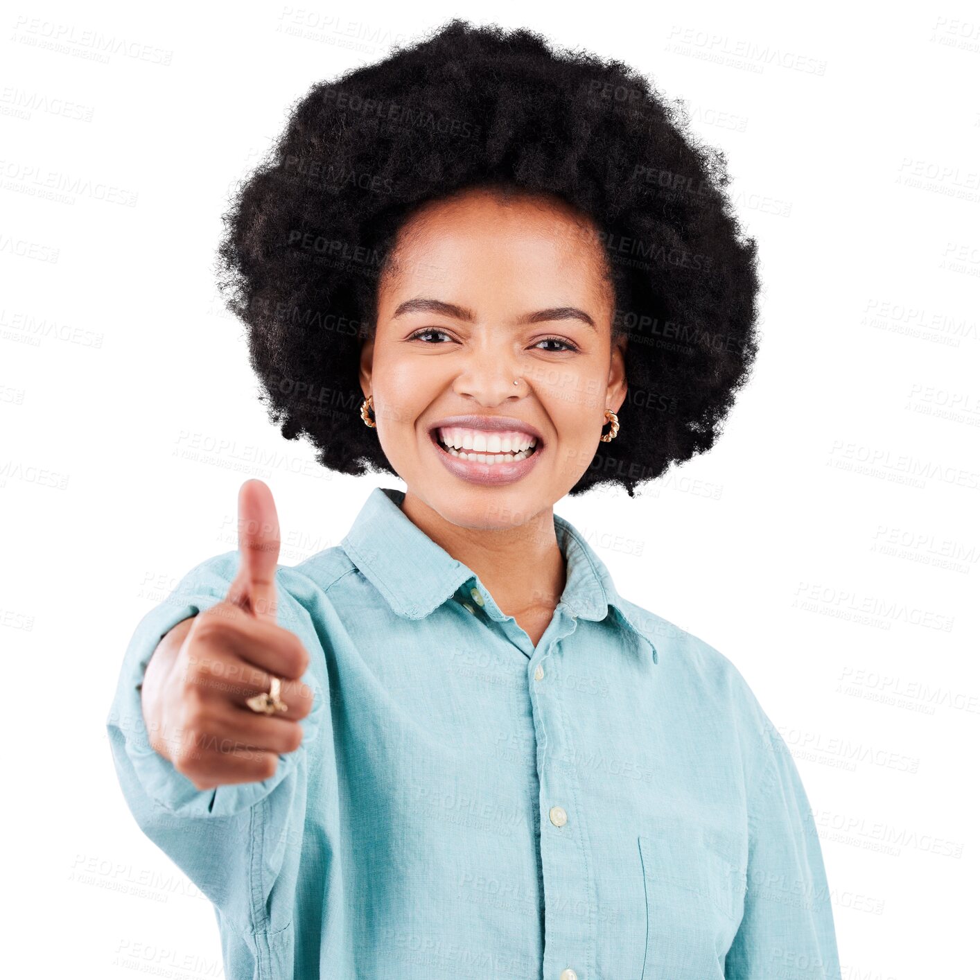 Buy stock photo Thumbs up, portrait and happy woman for congratulations, thank you or winner sign and ok or success. Agreement, support and face of african person in like emoji isolated on transparent png background