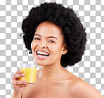 Orange juice, studio portrait and happy black woman with drink glass for hydration, liquid detox or weight loss beverage. Vitamin C benefits, female nutritionist or person isolated on gray background