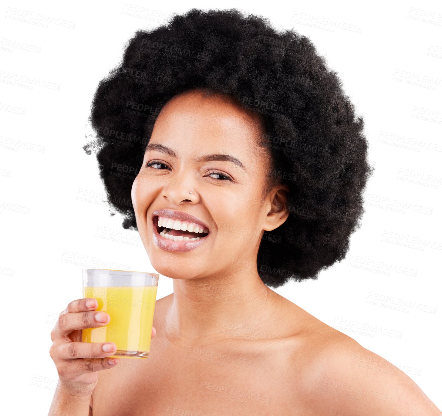 Buy stock photo Portrait, smile and black woman with orange juice for nutrition in png or transparent and isolated background. Girl, glass and vitaminc with happy face, health or detox for diet and wellness. 