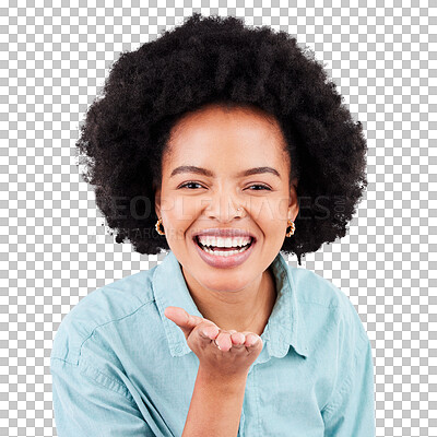 Buy stock photo Funny, black woman and air kiss in portrait isolated on a transparent png background. Face, blowing smooch and happy African model with a hand gesture for love, care and flirting, laughing and smile