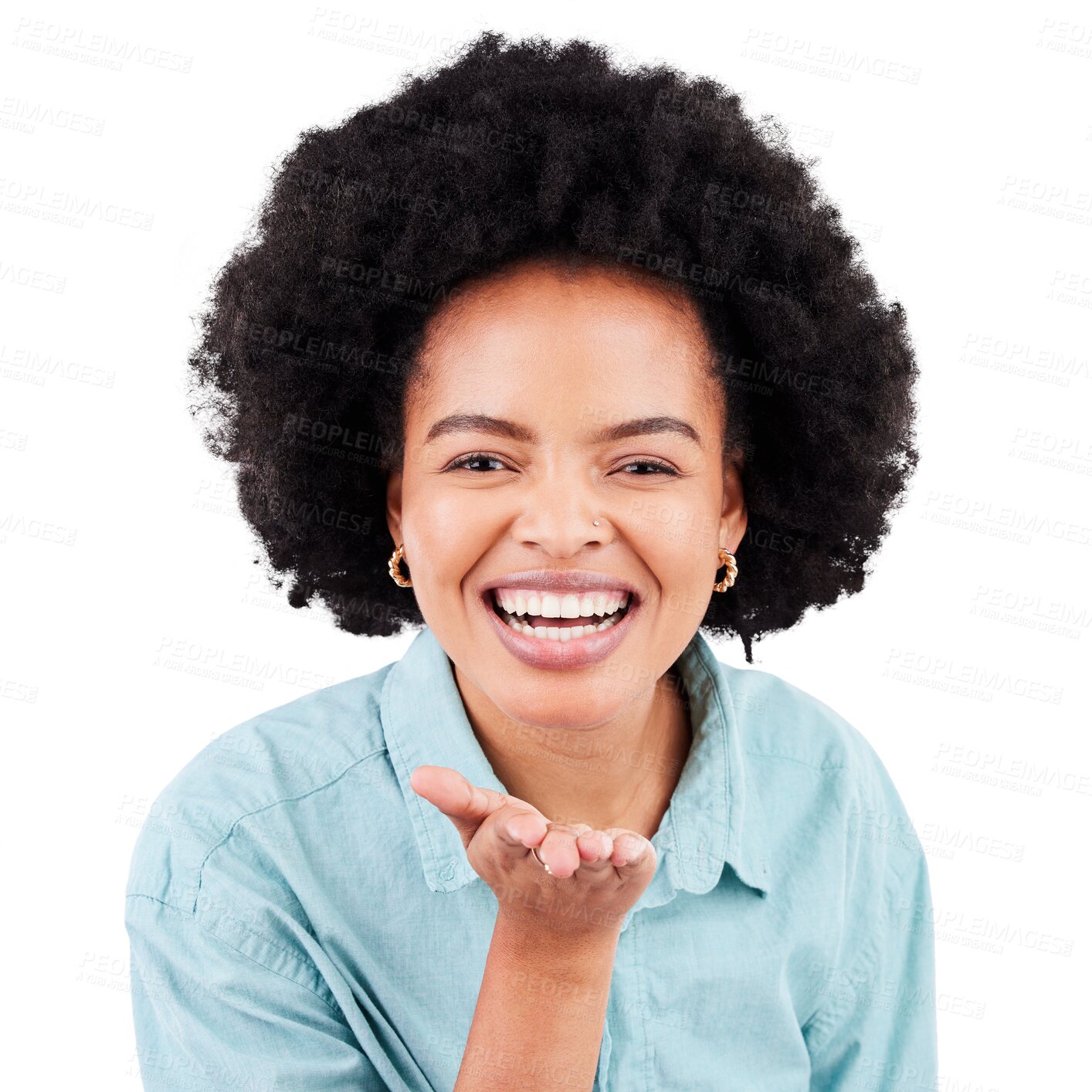 Buy stock photo Funny, black woman and air kiss in portrait isolated on a transparent png background. Face, blowing smooch and happy African model with a hand gesture for love, care and flirting, laughing and smile