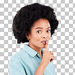 Portrait, secret and black woman with finger on lip, silence and girl against a grey studio background. Face, African American female and lady with gesture on mouth for quiet, whisper and gossip