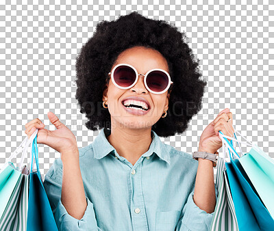Shopping bag, retail glasses and happy black woman with luxury sales product, designer fashion deal or mall store present. Commerce market, discount gift and studio customer face on gray background