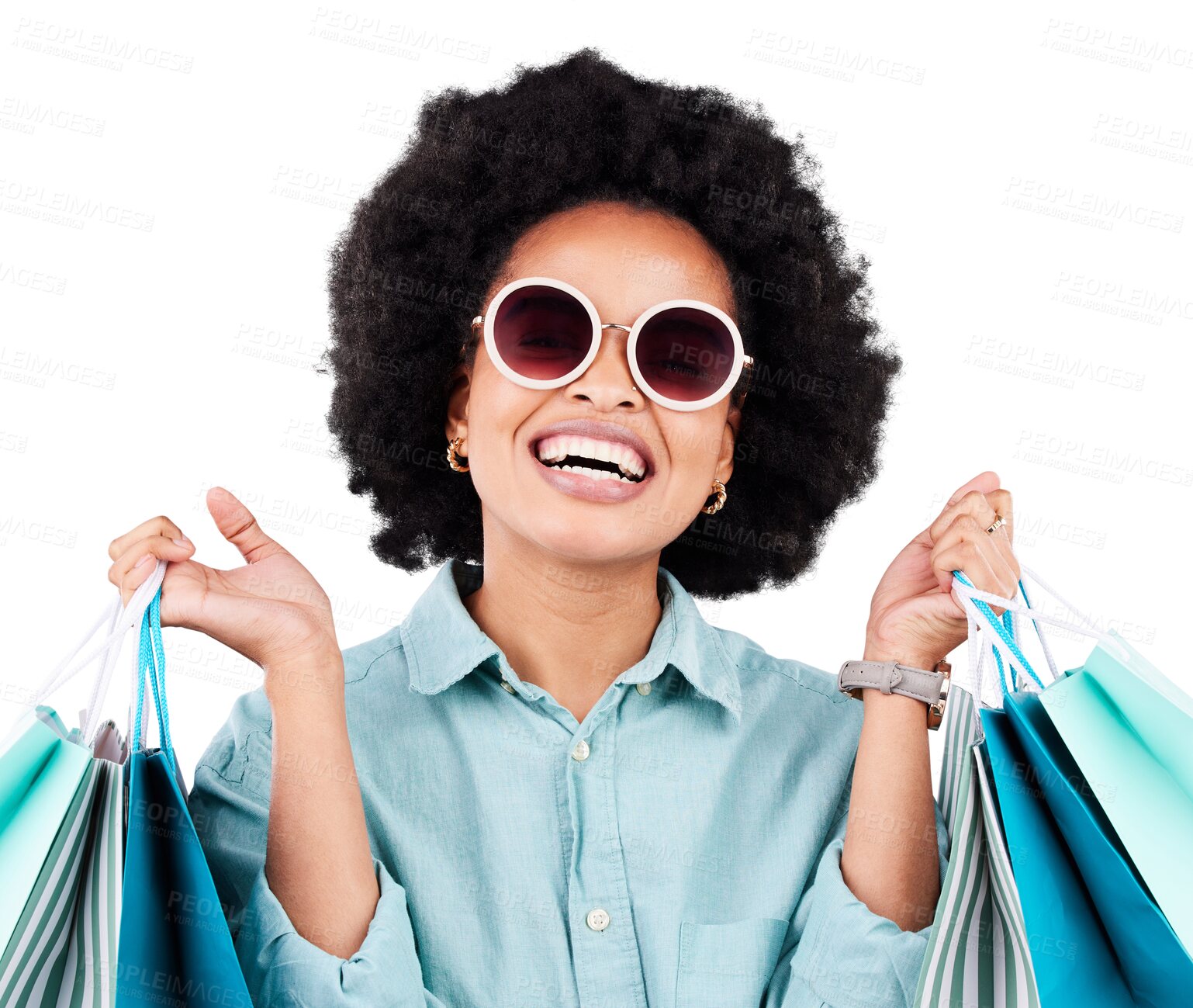 Buy stock photo Portrait, shopping bag and black woman with a smile, retail glasses and luxury sales product isolated on a transparent background. Face, female person or buyer with fashion deal, boutique item or png