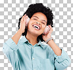 Music headphones, dance and happy black woman streaming song for studio fun, freedom and wellness. Dancing energy, audio podcast and person listening to radio, media sound or track on gray background