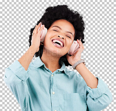 Buy stock photo Happy music, headphones and woman listening, streaming service or comedy podcast for creative job inspiration. Ideas, thinking and audio tech of african person isolated on transparent, png background