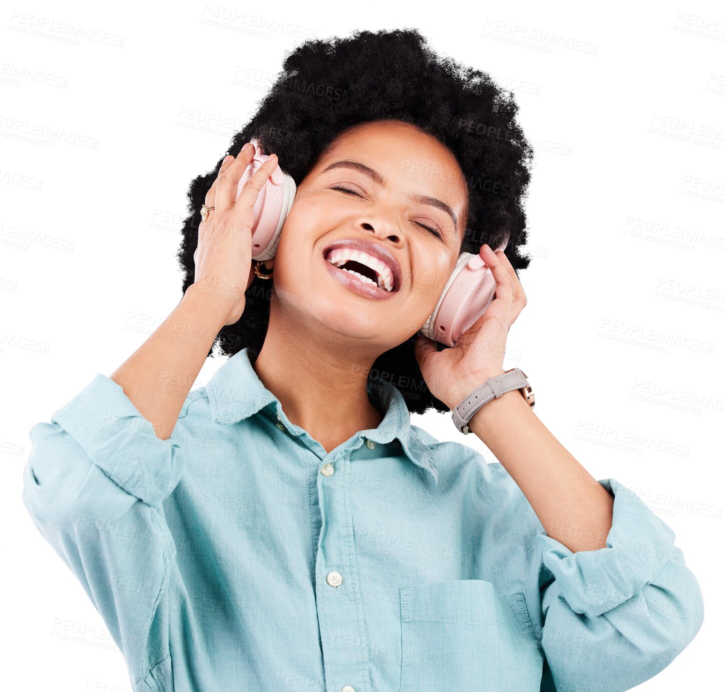 Buy stock photo Happy music, headphones and woman listening, streaming service or comedy podcast for creative job inspiration. Ideas, thinking and audio tech of african person isolated on transparent, png background