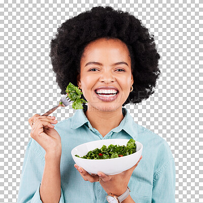Salad, healthy food and portrait of a black woman in studio eating vegetables for nutrition or vegan diet. Happy African female with a smile for health, detox and wellness benefits for motivation