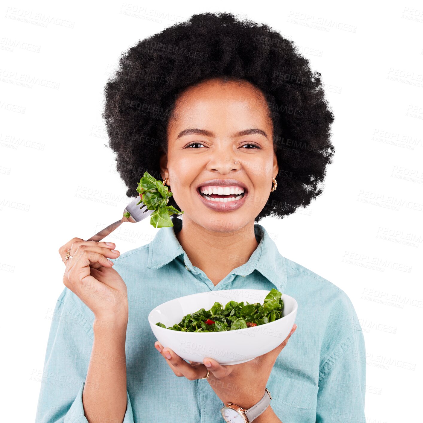 Buy stock photo Salad, healthy food and portrait of a black woman eating vegetables for nutrition or vegan diet. African female with a bowl for health, detox and wellness isolated on a transparent, png background