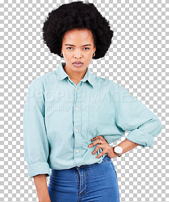 Buy stock photo Serious, portrait and a black woman with afro and style isolated on a transparent, png background. Attitude, casual and african female person hand on hip, confident and fashion with a strong mindset