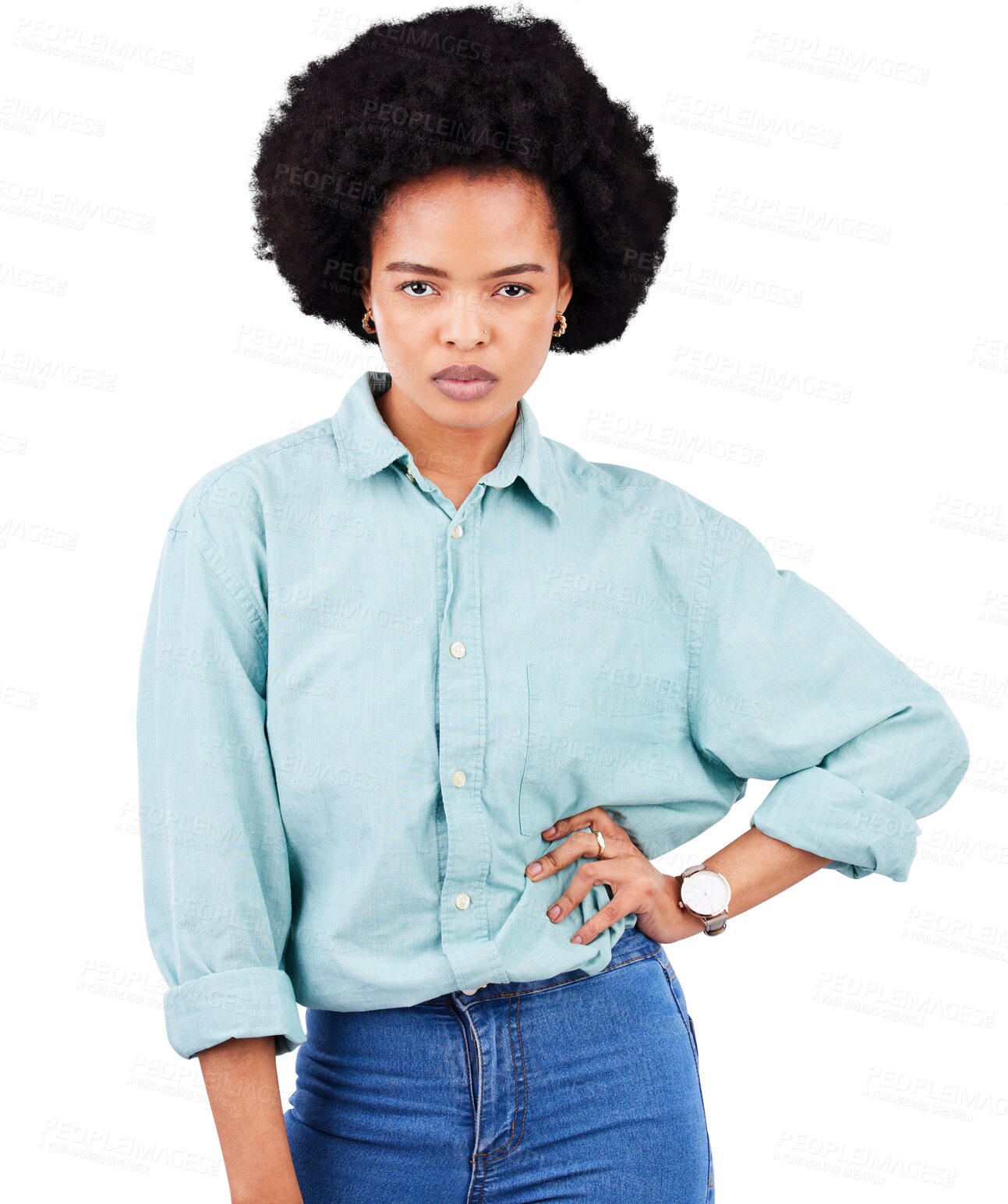 Buy stock photo Serious, portrait and a black woman with afro and style isolated on a transparent, png background. Attitude, casual and african female person hand on hip, confident and fashion with a strong mindset